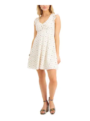 BAR III DRESSES Womens Ivory Stretch Twist Front Smocked Zippered Ruffled Polka Dot Sleeveless V Neck Short Cocktail Fit   Flare Dress