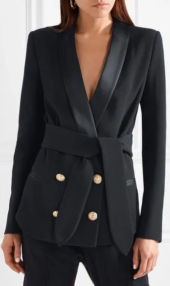 Belted Double-Breasted Crepe Blazer