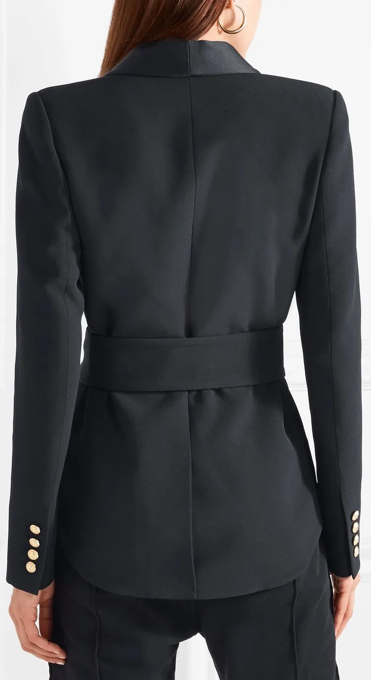 Belted Double-Breasted Crepe Blazer