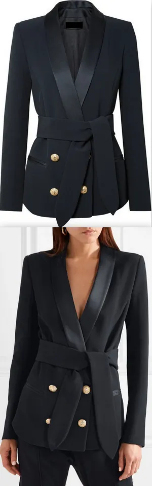 Belted Double-Breasted Crepe Blazer