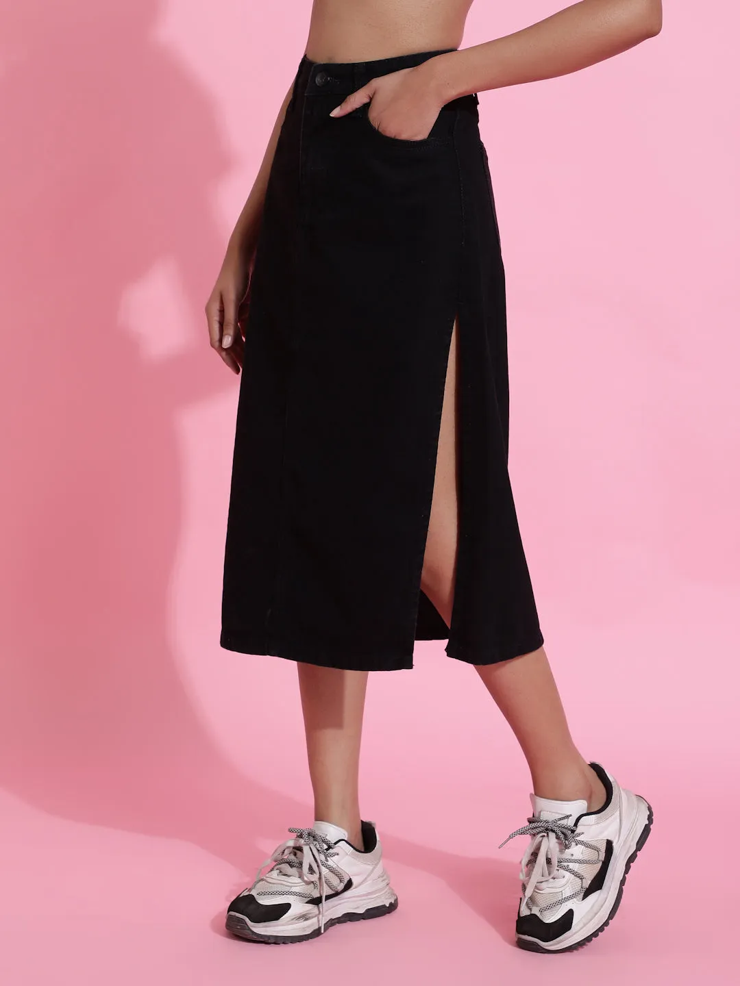 Black Solid Side Slit Denim Skirt