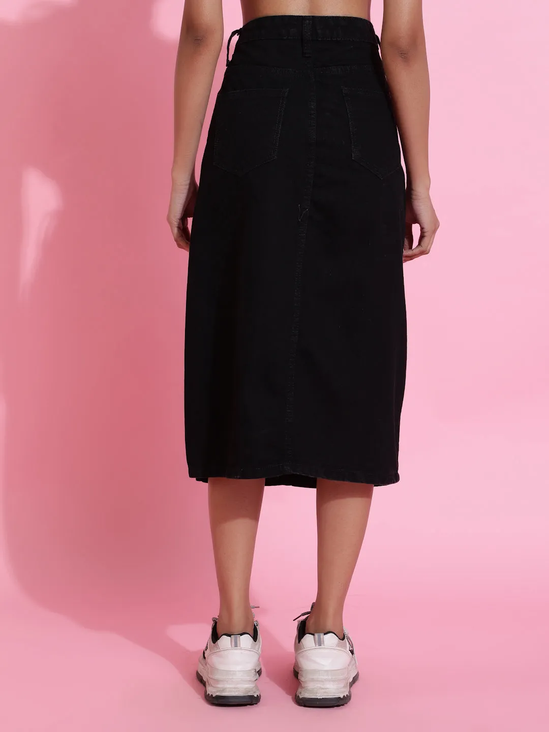 Black Solid Side Slit Denim Skirt