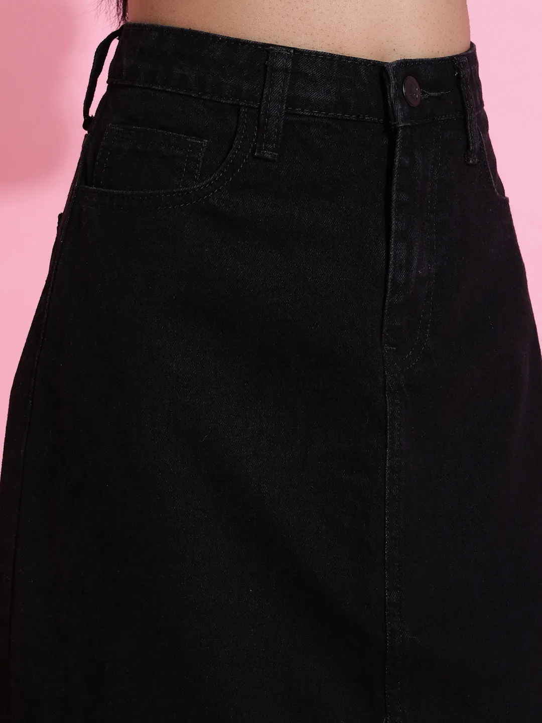 Black Solid Side Slit Denim Skirt