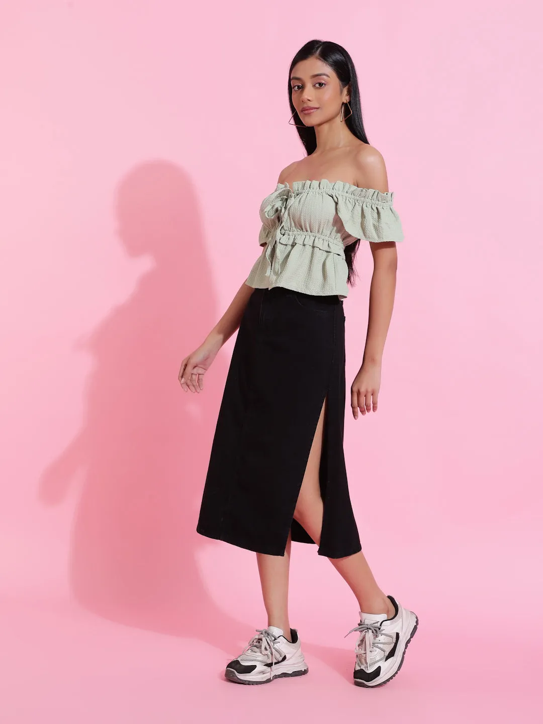 Black Solid Side Slit Denim Skirt