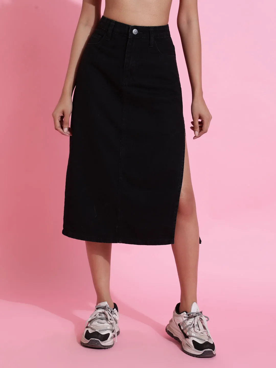 Black Solid Side Slit Denim Skirt