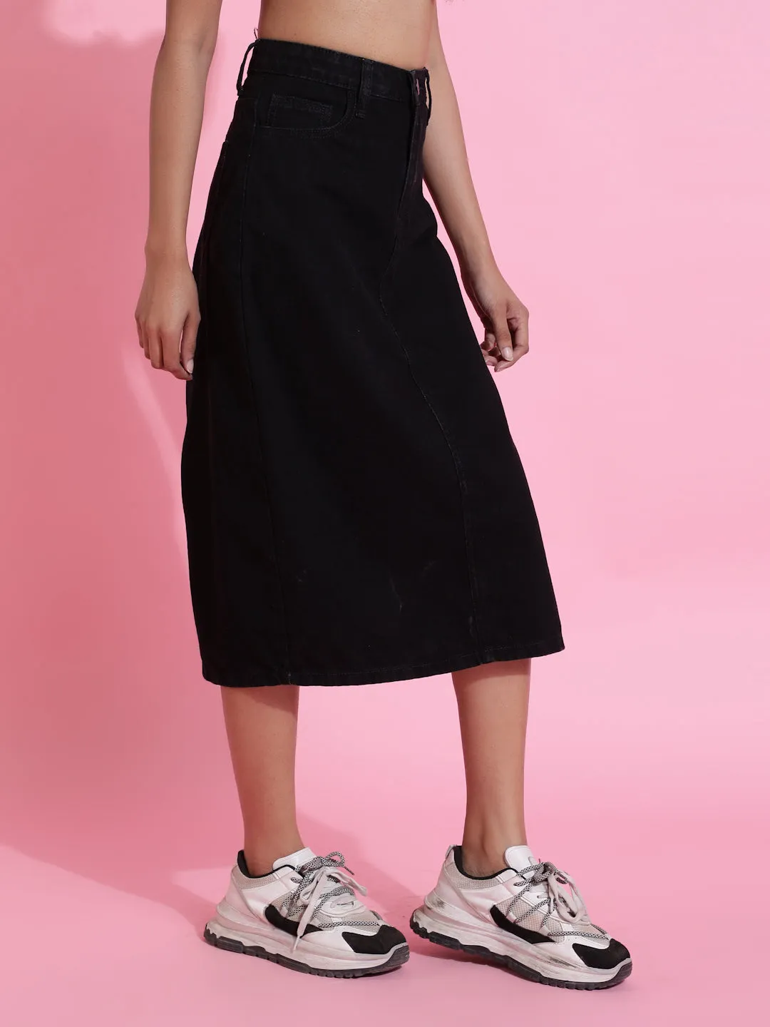 Black Solid Side Slit Denim Skirt