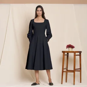 Black Warm Cotton Flannel Fit and Flare Midi Dress