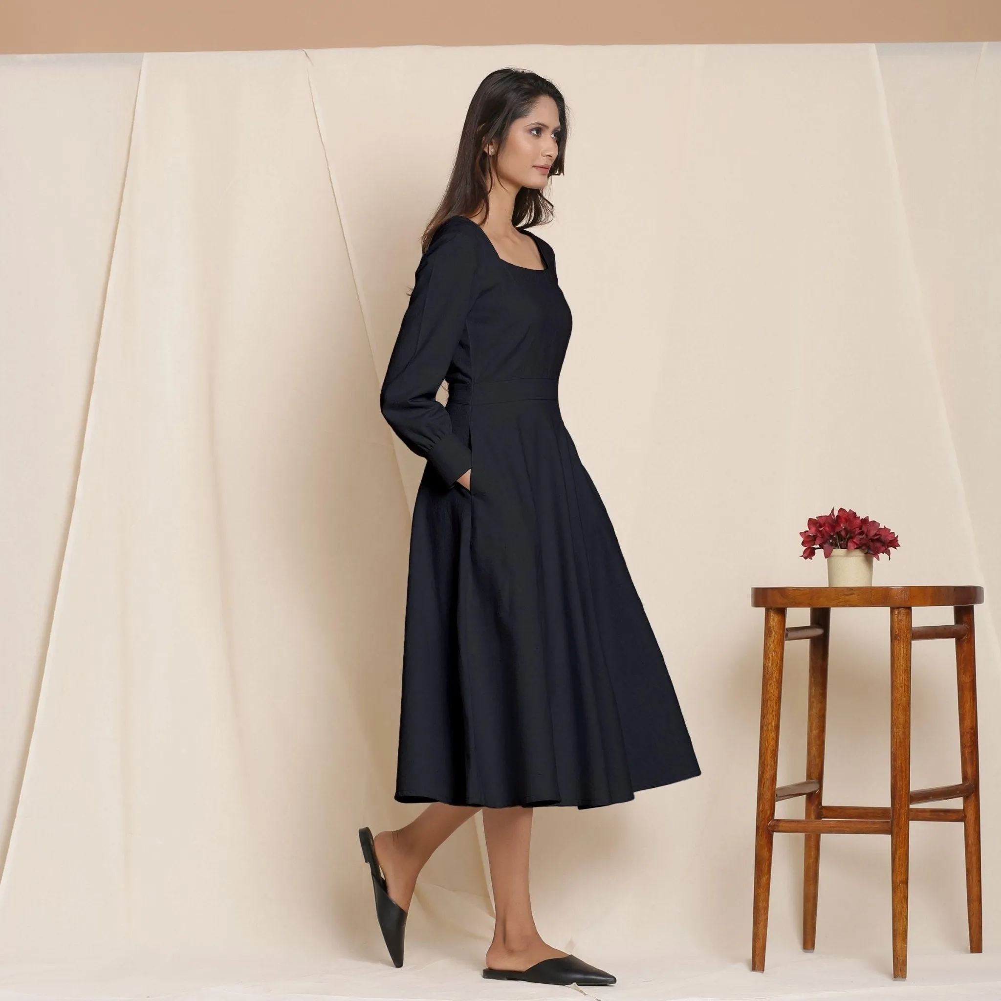 Black Warm Cotton Flannel Fit and Flare Midi Dress