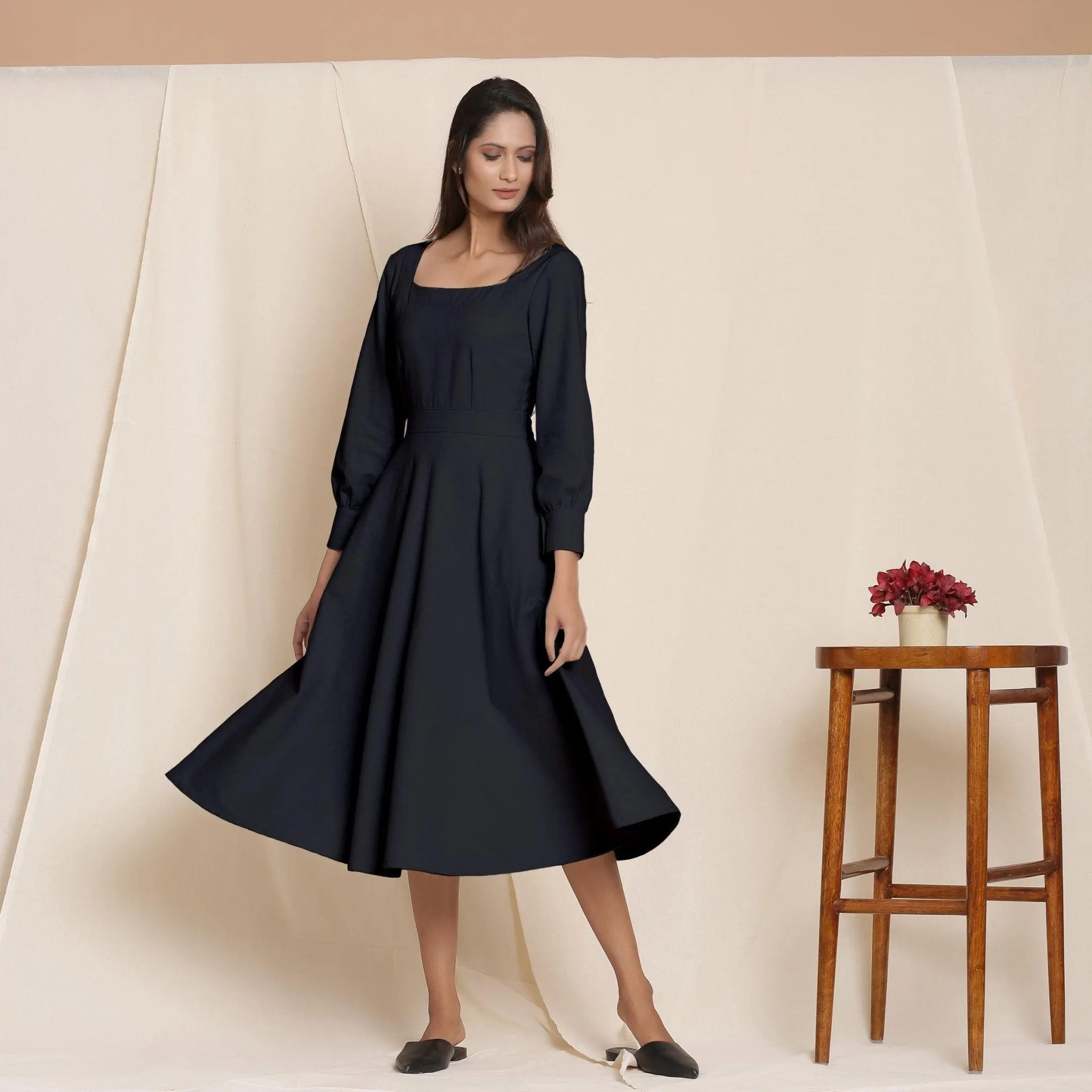 Black Warm Cotton Flannel Fit and Flare Midi Dress