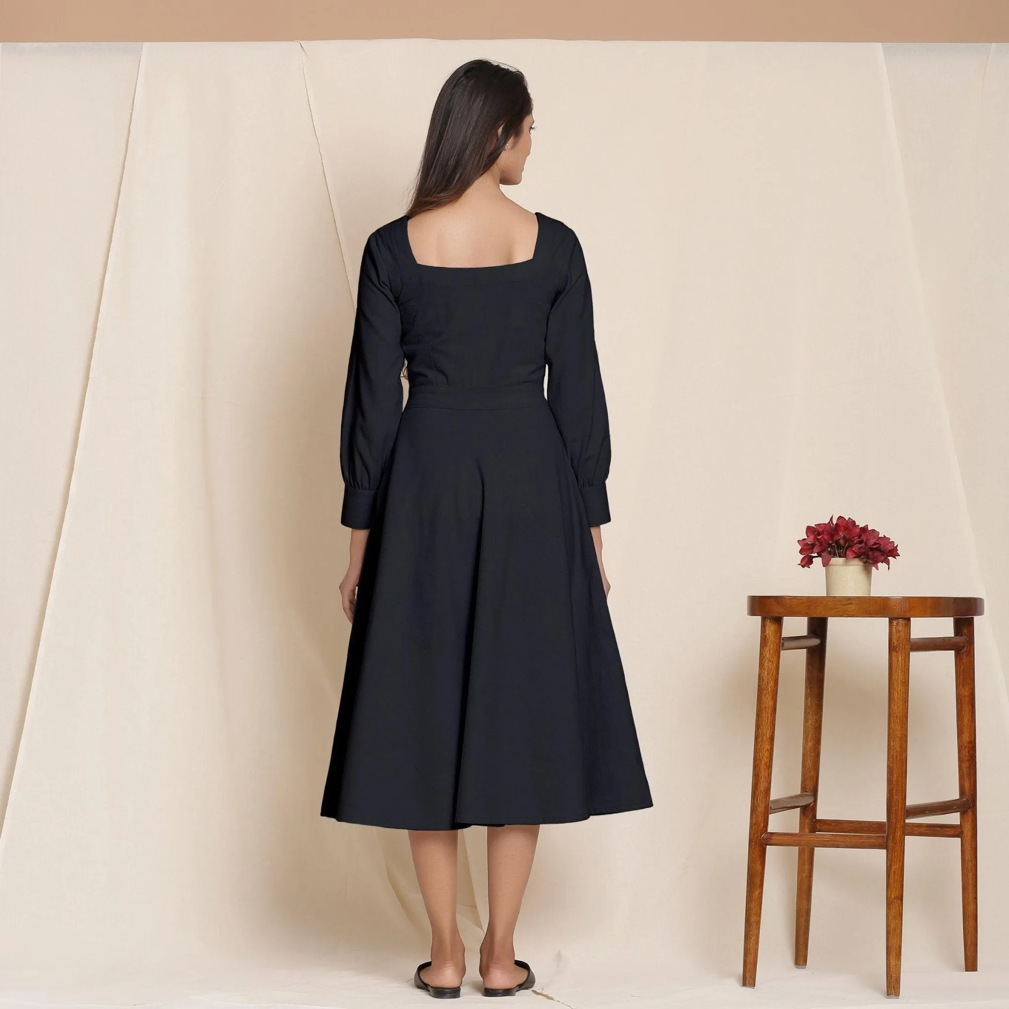 Black Warm Cotton Flannel Fit and Flare Midi Dress