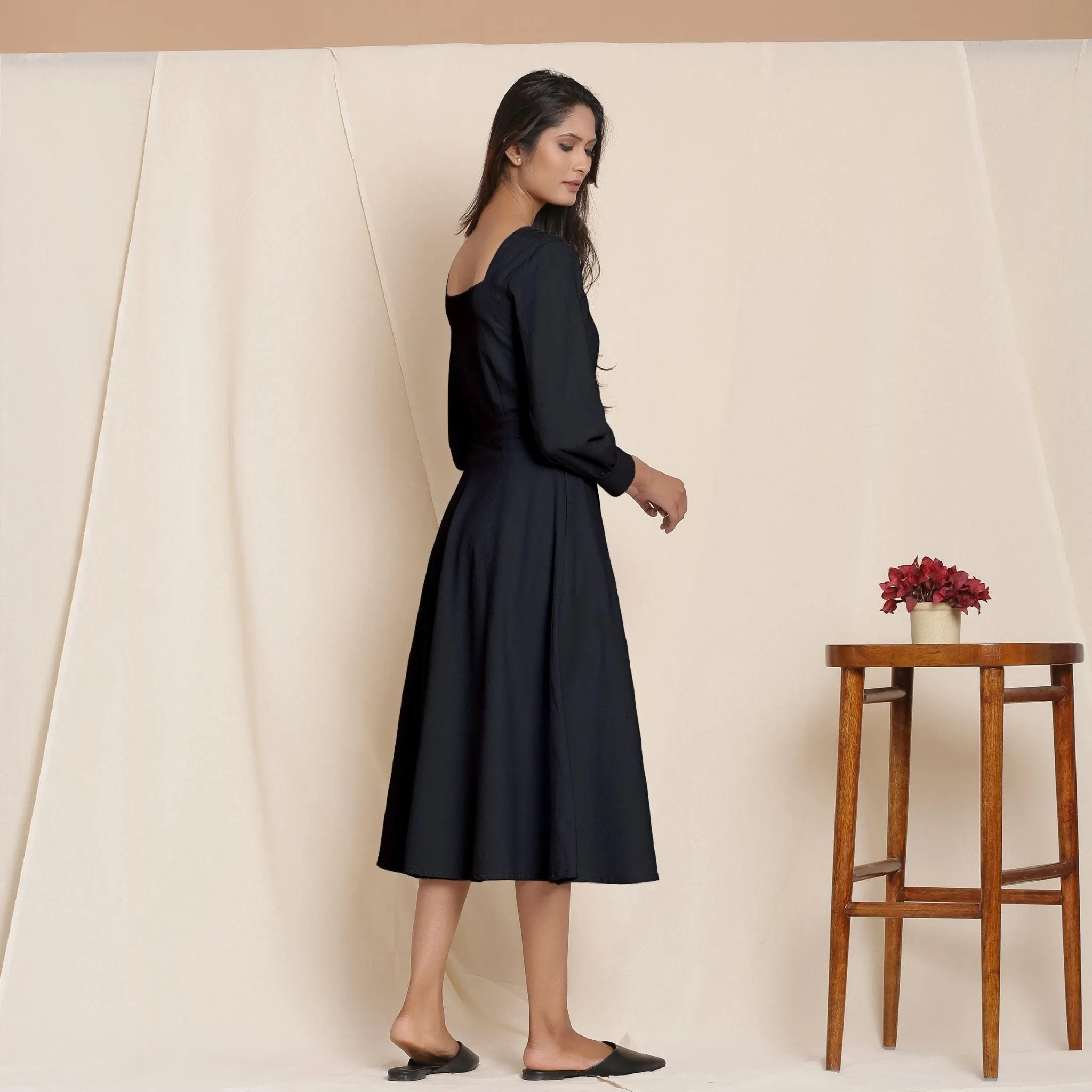 Black Warm Cotton Flannel Fit and Flare Midi Dress