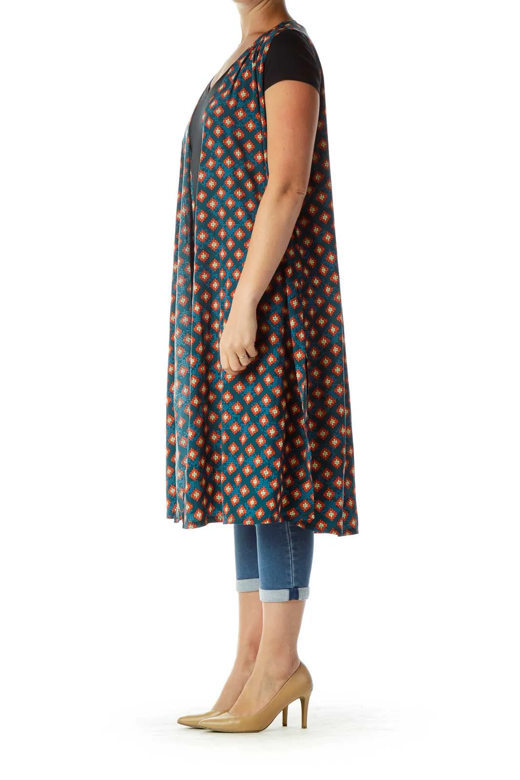 Blue Red Geometric Print Long Vest