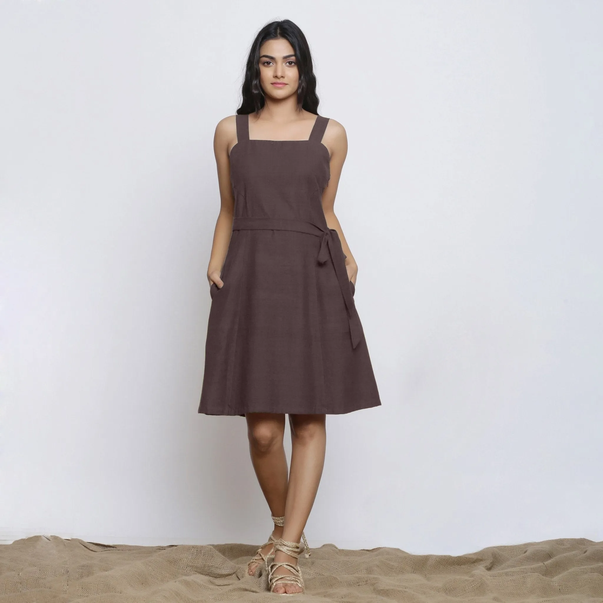 Brown Cotton Flax Knee Length Princess Line Dress