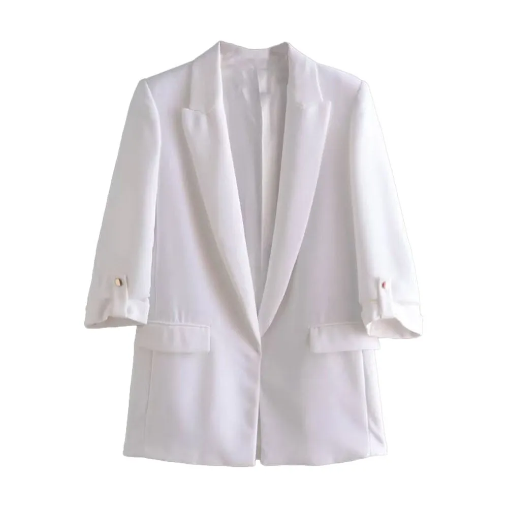 Chic Solid Color Rollable Sleeve Retro Blazer