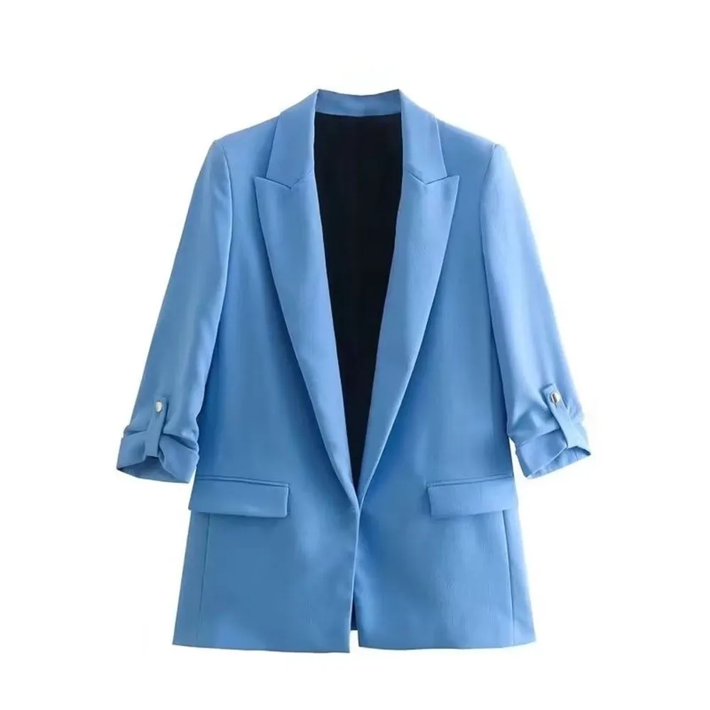 Chic Solid Color Rollable Sleeve Retro Blazer
