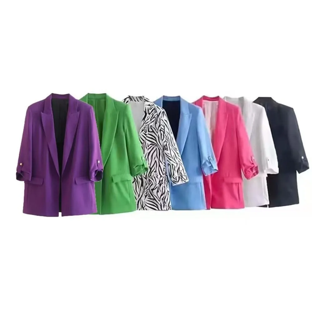 Chic Solid Color Rollable Sleeve Retro Blazer