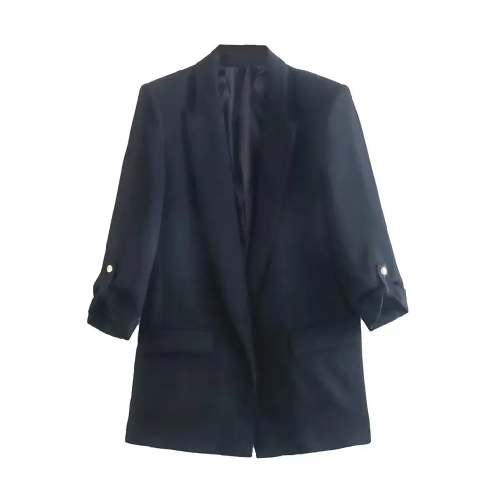 Chic Solid Color Rollable Sleeve Retro Blazer