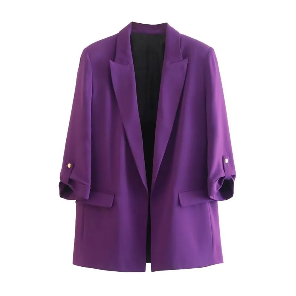 Chic Solid Color Rollable Sleeve Retro Blazer