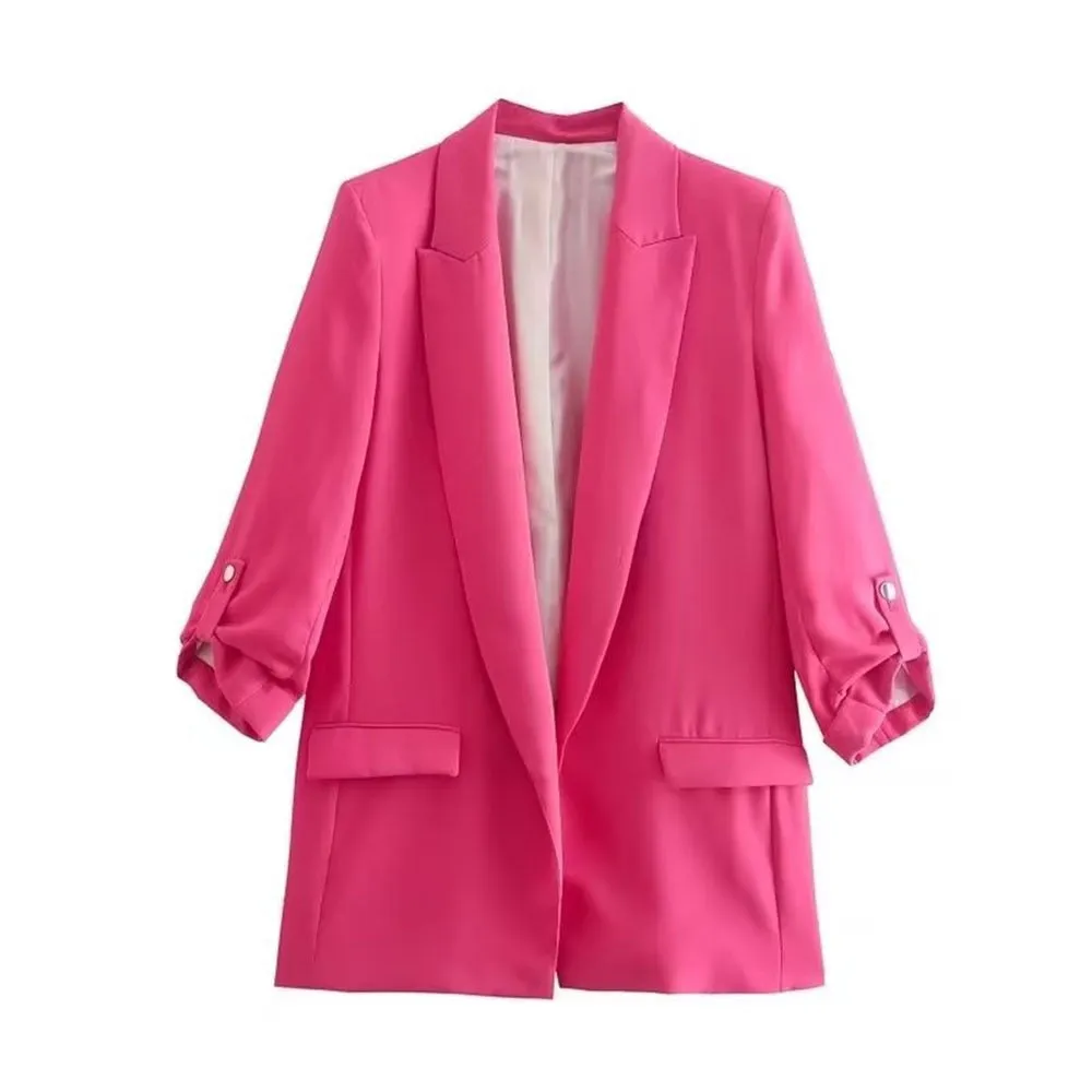 Chic Solid Color Rollable Sleeve Retro Blazer