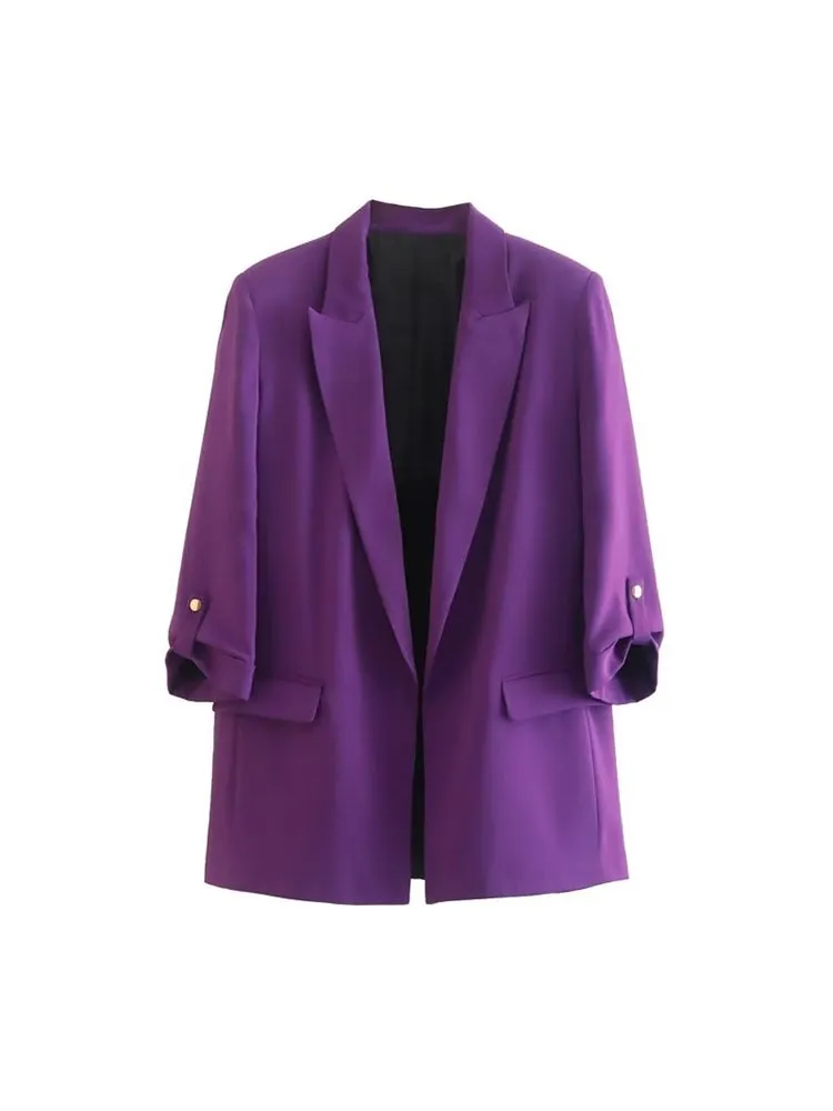 Chic Solid Color Rollable Sleeve Retro Blazer