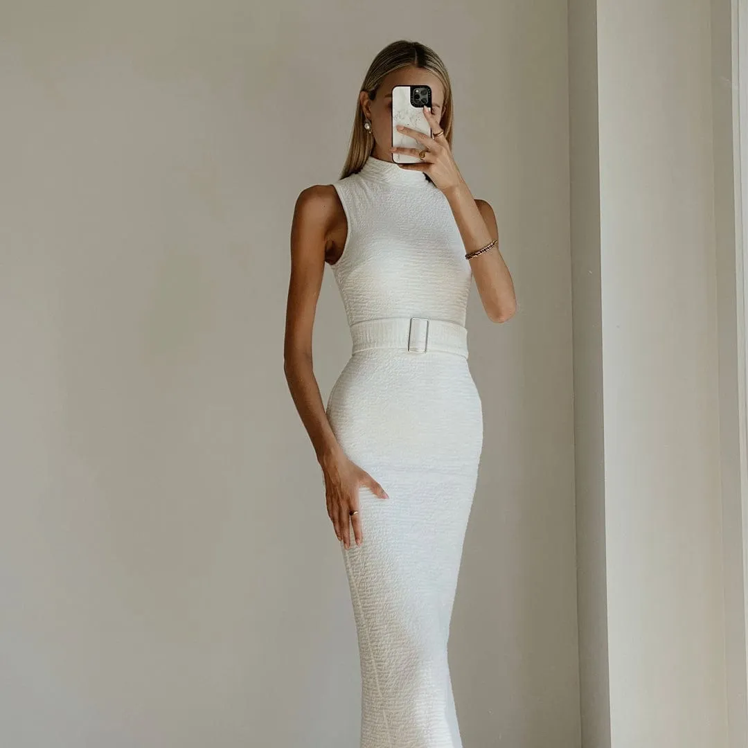 CLEO White Bodycon High Neck Maxi Dress