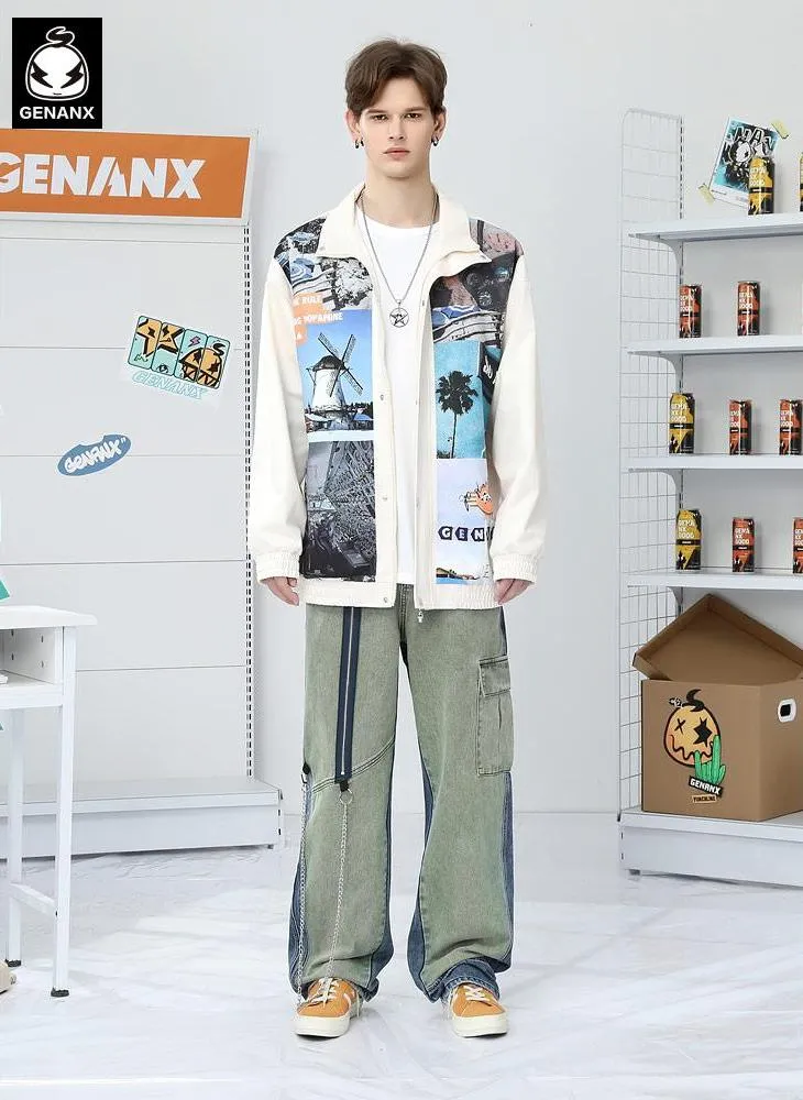 Color Block Patchwork Zipper Chain Jeans
