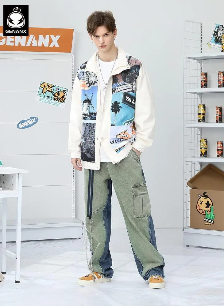 Color Block Patchwork Zipper Chain Jeans
