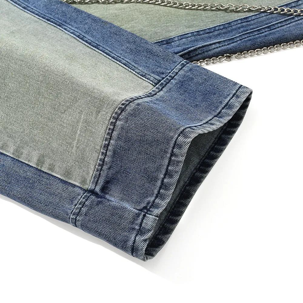 Color Block Patchwork Zipper Chain Jeans