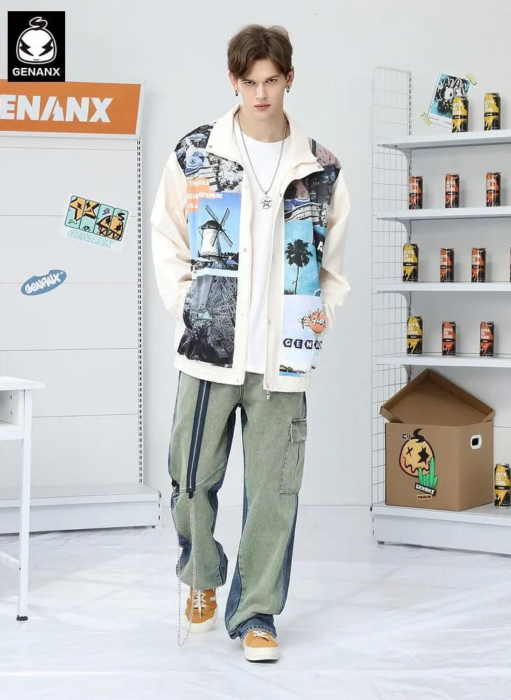 Color Block Patchwork Zipper Chain Jeans