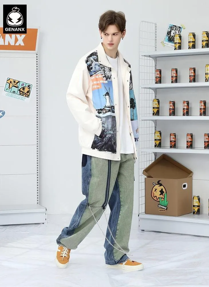 Color Block Patchwork Zipper Chain Jeans