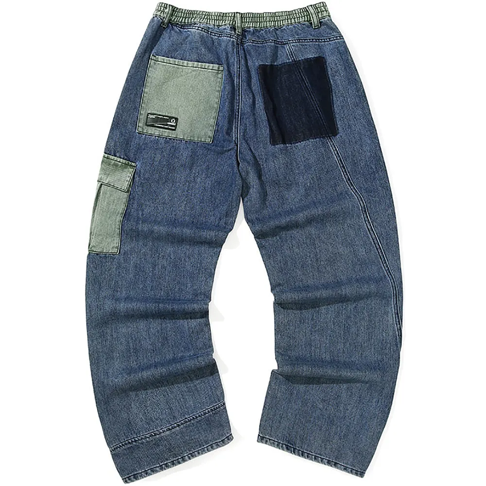 Color Block Patchwork Zipper Chain Jeans
