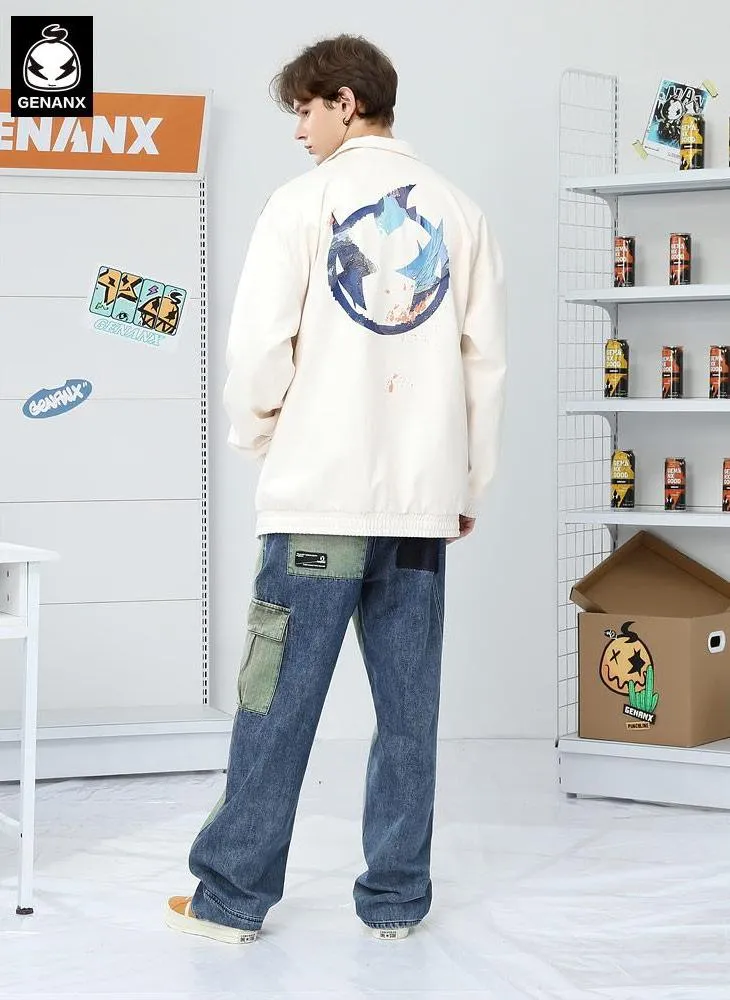 Color Block Patchwork Zipper Chain Jeans