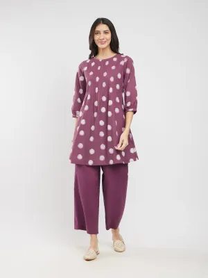 Cotton Dabu Polka Pintuck Co-ord Set - Burgundy
