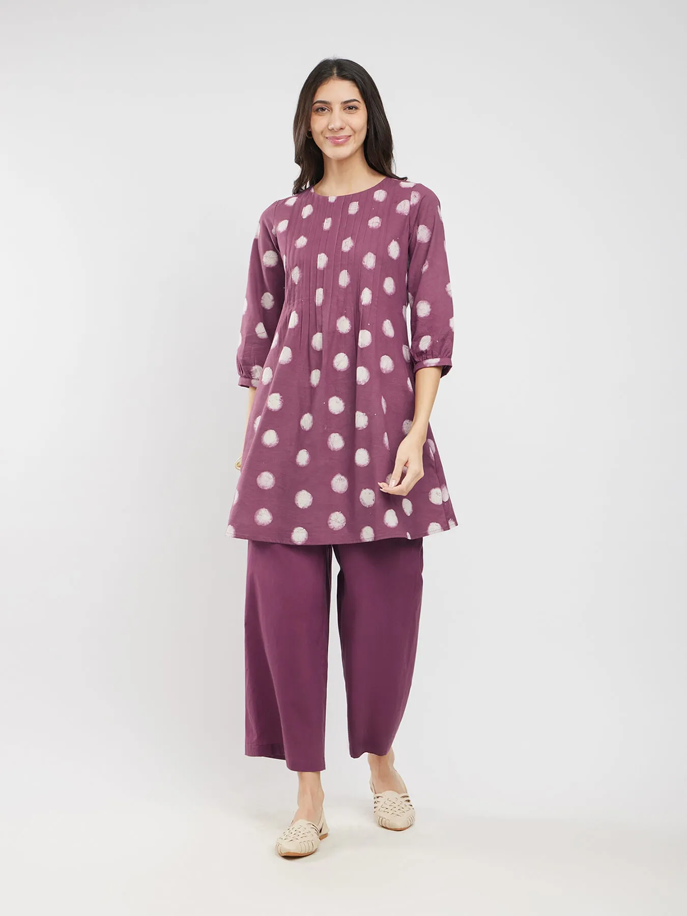 Cotton Dabu Polka Pintuck Co-ord Set - Burgundy
