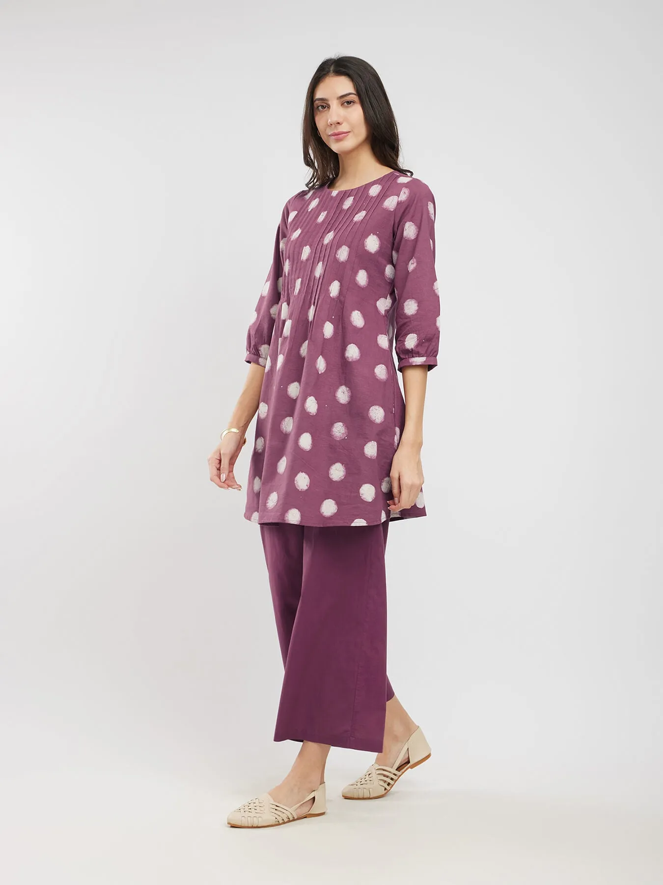 Cotton Dabu Polka Pintuck Co-ord Set - Burgundy