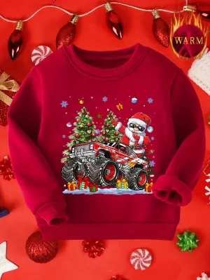 Cozy Boys Graphic Print Fleece Sweatshirt - Soft, Thick, and Warm Crew Neck Top for Spring, Fall, and Winter - Machine Washable, Polyester, Regular Fit, Geometric Pattern