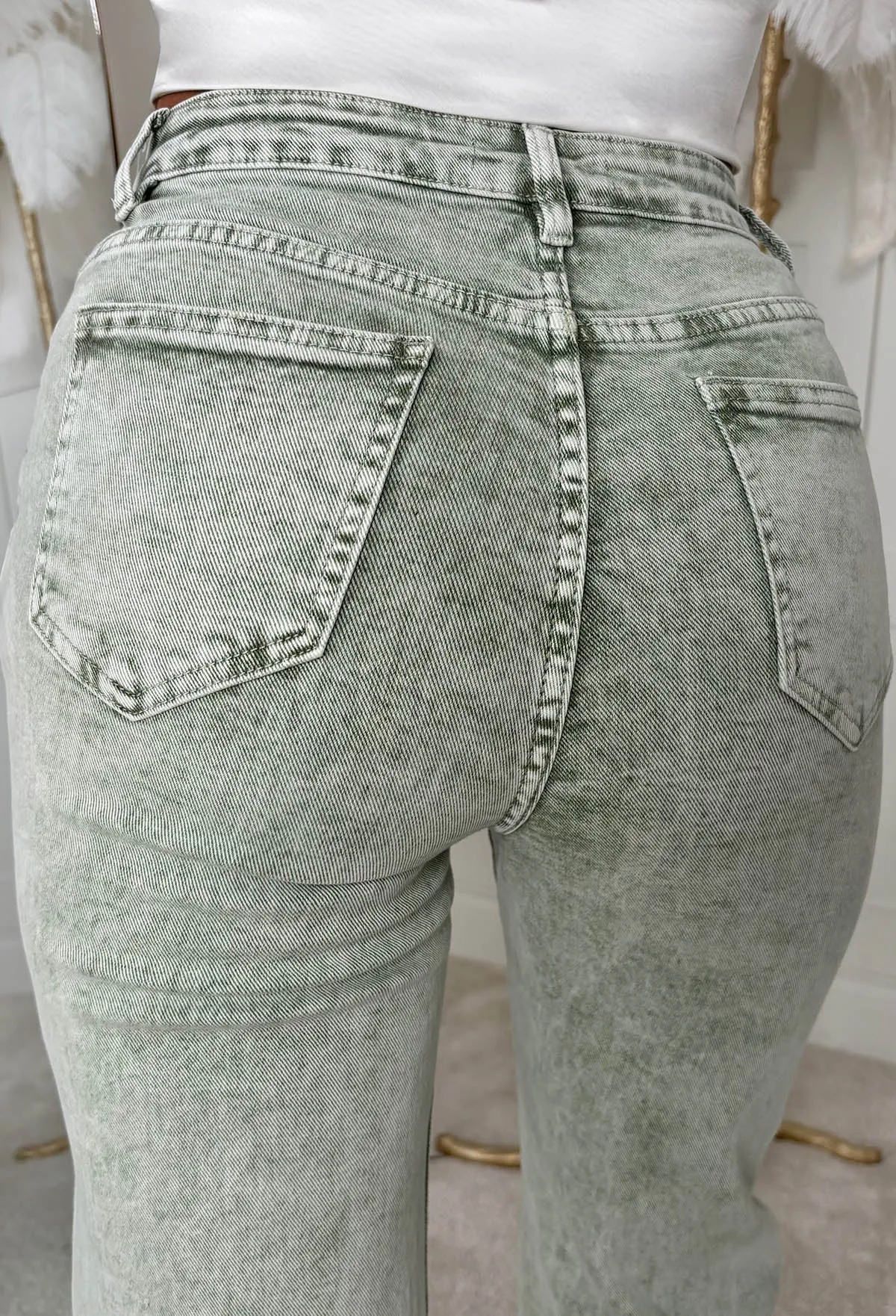 Denim Design Green Stretch Wide Leg Washed Jeans