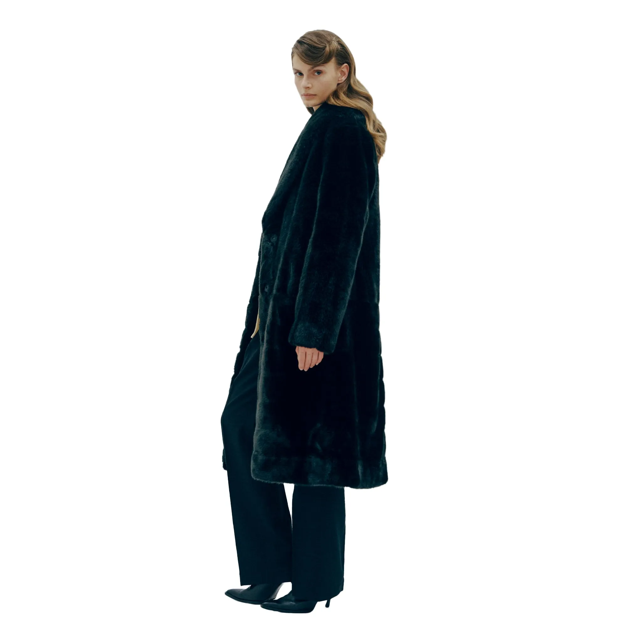 Deutzia Black Stripes Faux Fur Relaxed Coat