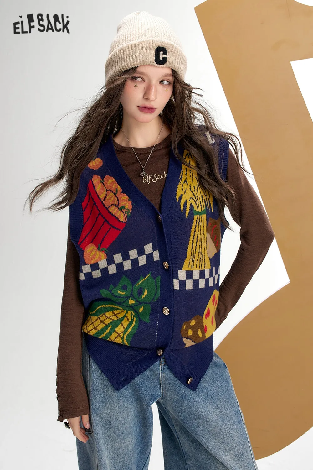 ELFSACK 2024 Autumn New Arrivals Vegetable Print Knit Vest for Women Retro Casual Layering Vest