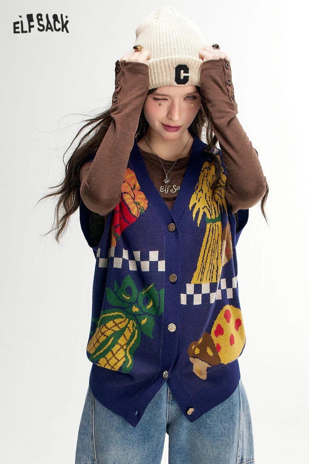 ELFSACK 2024 Autumn New Arrivals Vegetable Print Knit Vest for Women Retro Casual Layering Vest