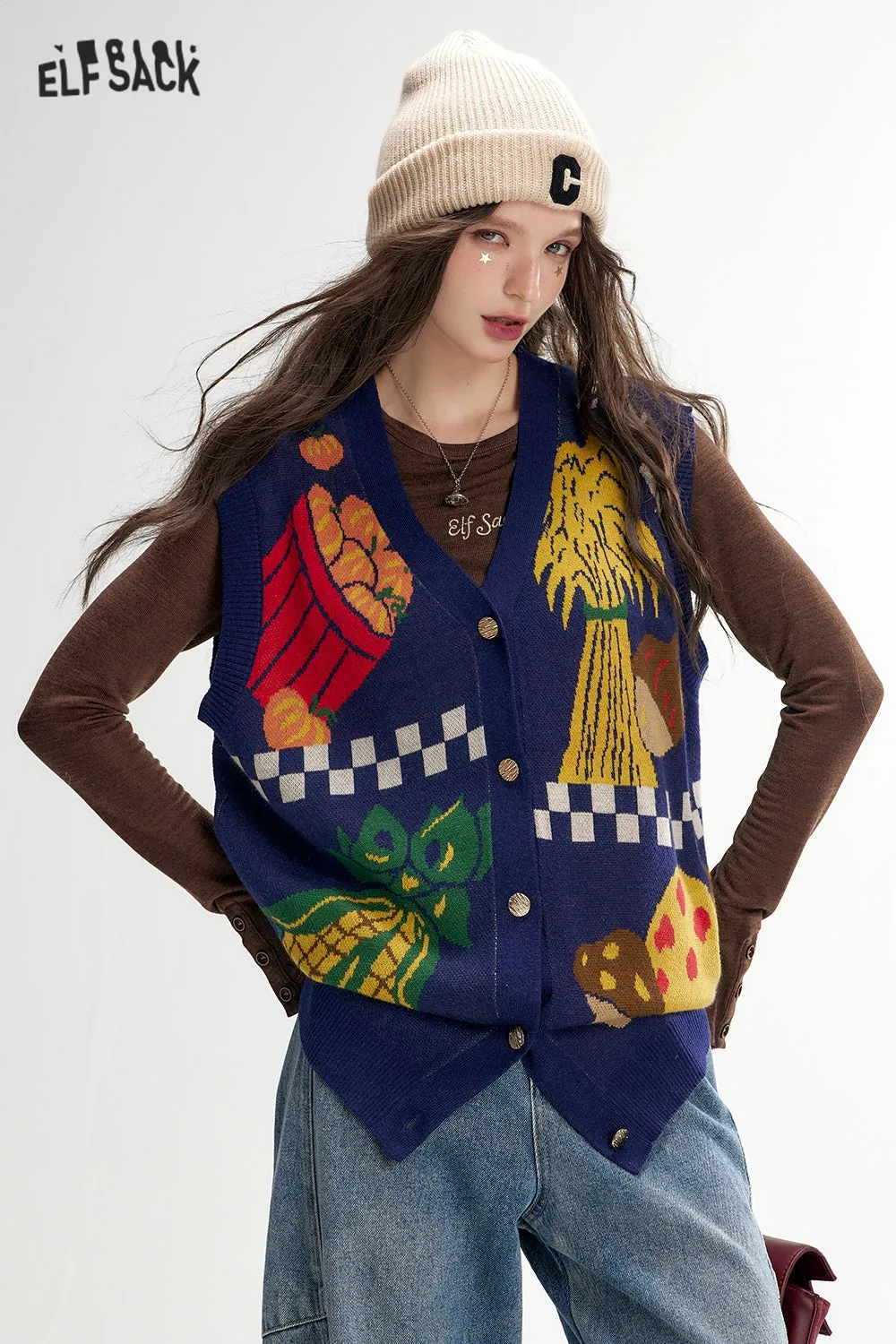 ELFSACK 2024 Autumn New Arrivals Vegetable Print Knit Vest for Women Retro Casual Layering Vest