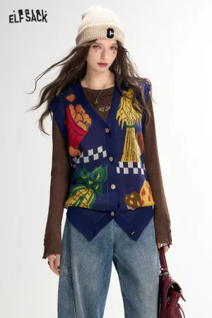 ELFSACK 2024 Autumn New Arrivals Vegetable Print Knit Vest for Women Retro Casual Layering Vest