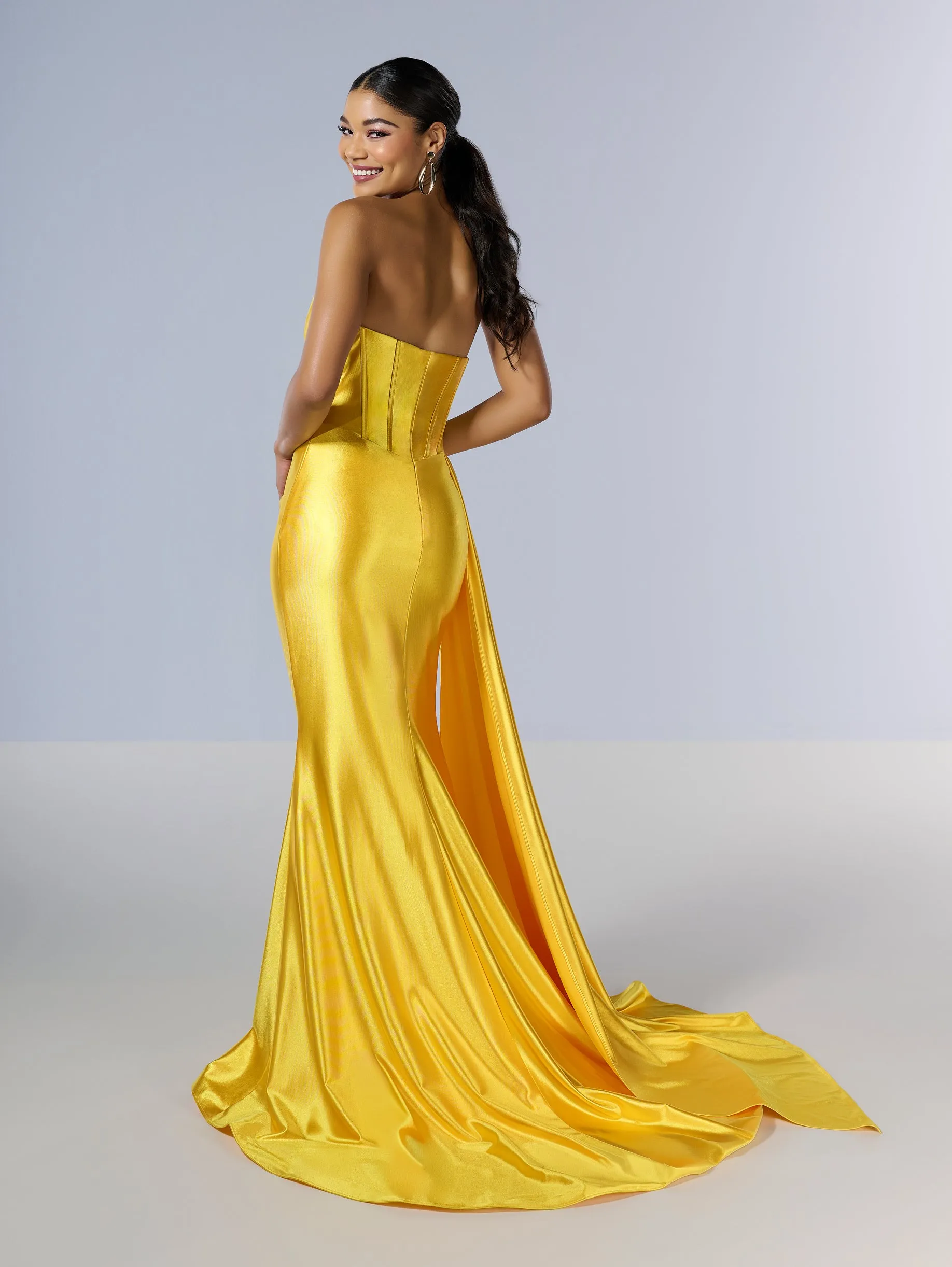 Fitted Strapless Corset Slit Gown by Tiffany Designs 16178