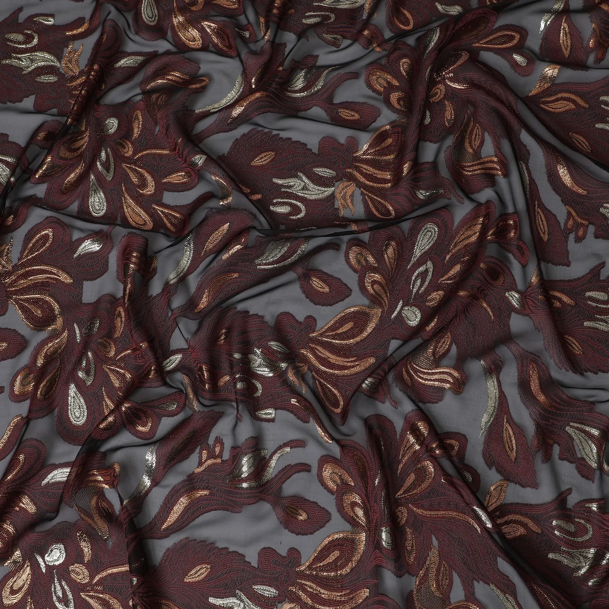 French Maroon Silk Chiffon (Fransawi) Fabric with Metallic Gold and Copper Lurex Floral Design, 110 cm Width-D19738