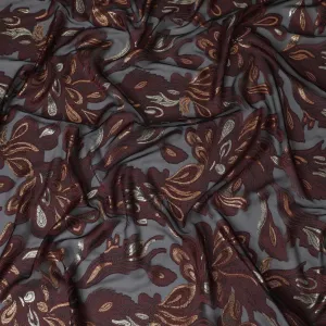 French Maroon Silk Chiffon (Fransawi) Fabric with Metallic Gold and Copper Lurex Floral Design, 110 cm Width-D19738