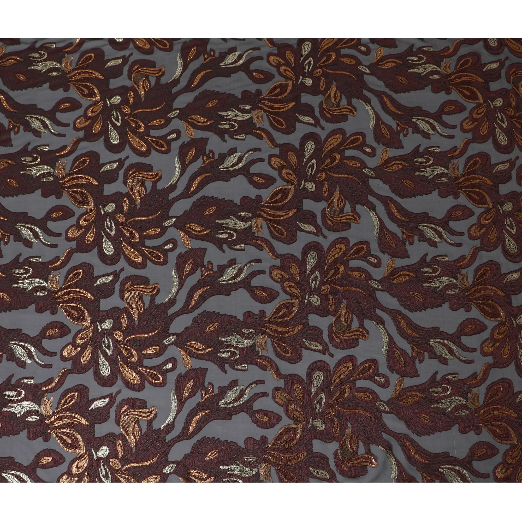French Maroon Silk Chiffon (Fransawi) Fabric with Metallic Gold and Copper Lurex Floral Design, 110 cm Width-D19738