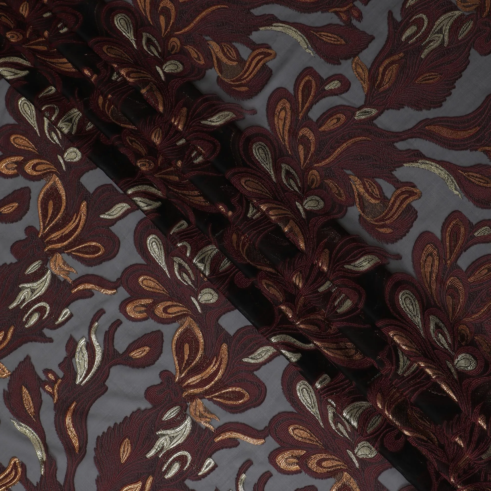 French Maroon Silk Chiffon (Fransawi) Fabric with Metallic Gold and Copper Lurex Floral Design, 110 cm Width-D19738
