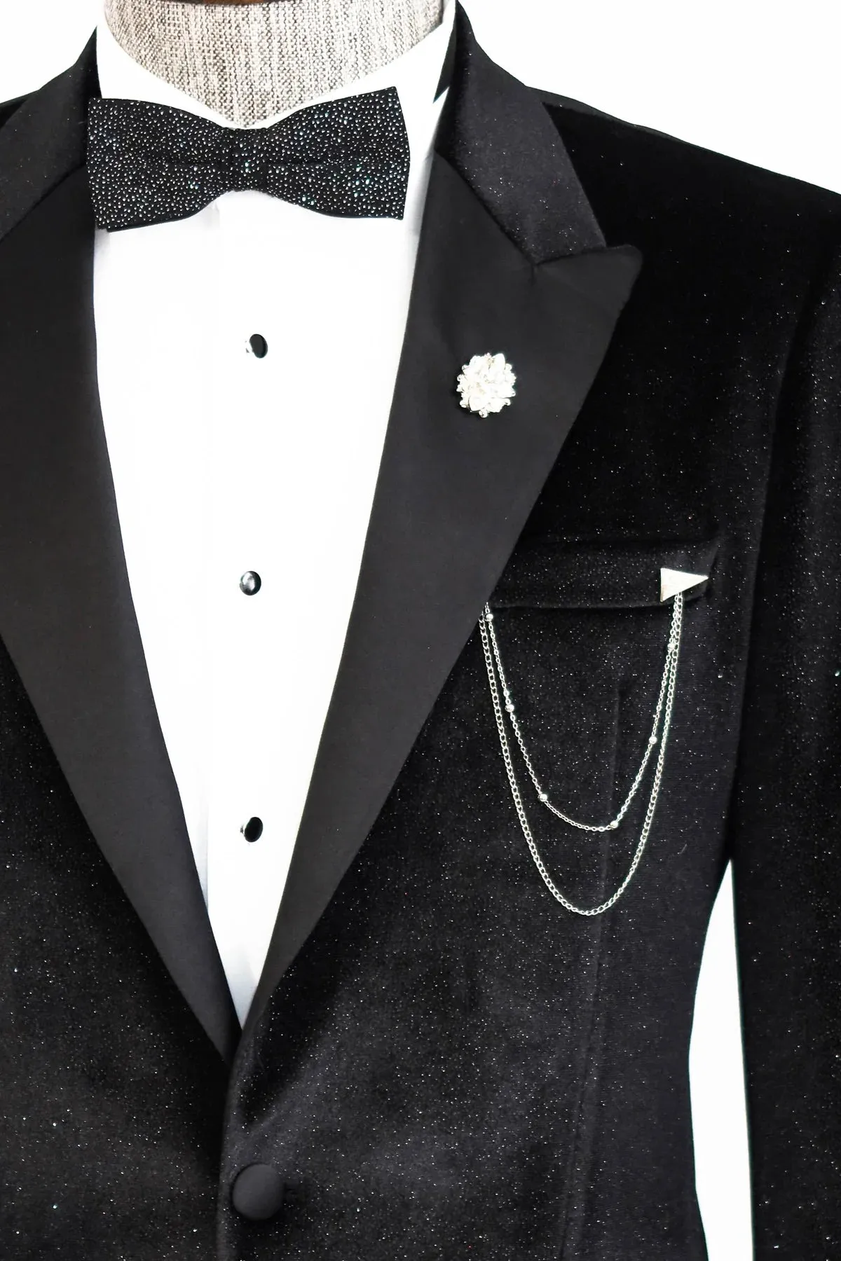 Glitter Black Velvet Prom Blazer with Black Satin Lapel