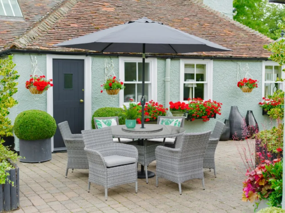 LG Outdoor Monaco Stone 6 Seat Dining Set with Weave Lazy Susan & 3m Parasol
