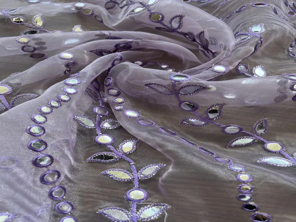 Lilac Floral Embroidered Faux Silver Gota Patti Organza Fabric